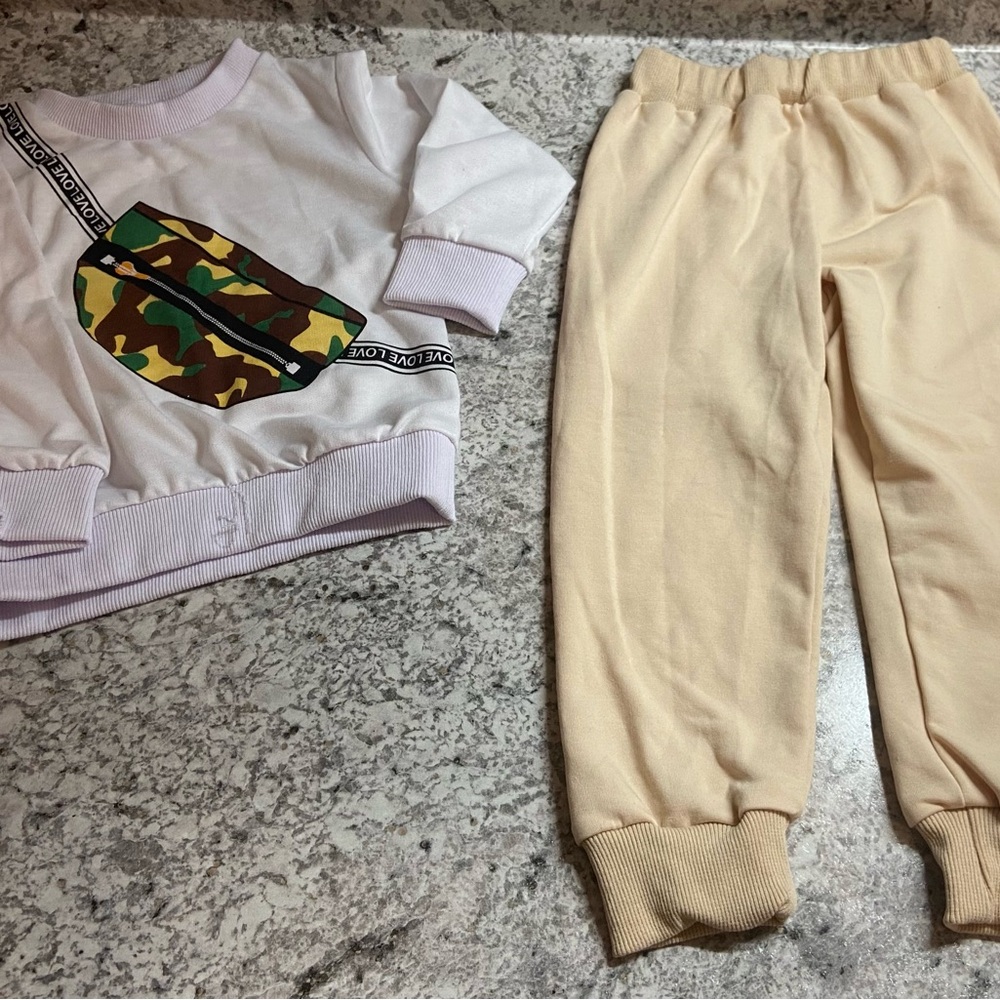 Kids Camo Sweatshirt and Cream Pants Set